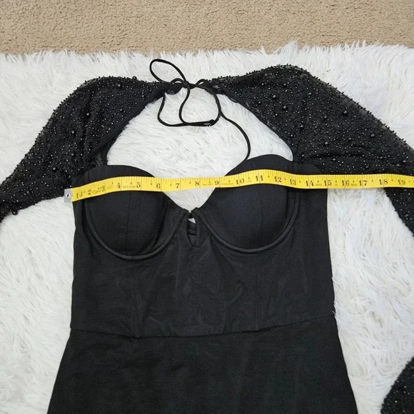 what to wear with black sweater dress Grazina Embellished Open-Back A-Line Mini Dress in Black